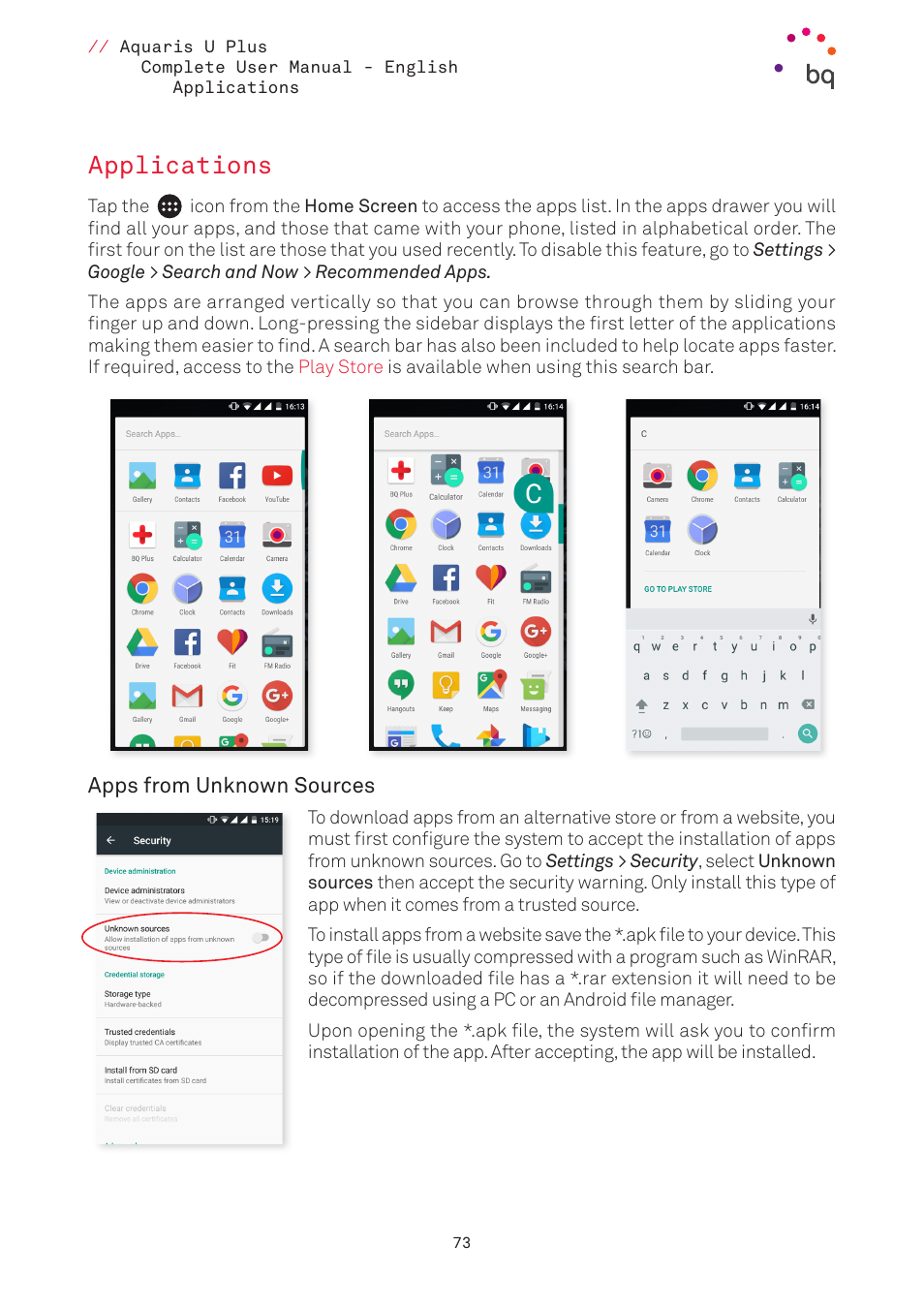 Applications, Apps from unknown sources, Applications from unknown sources | BQ Aquaris U Plus User Manual | Page 73 / 87