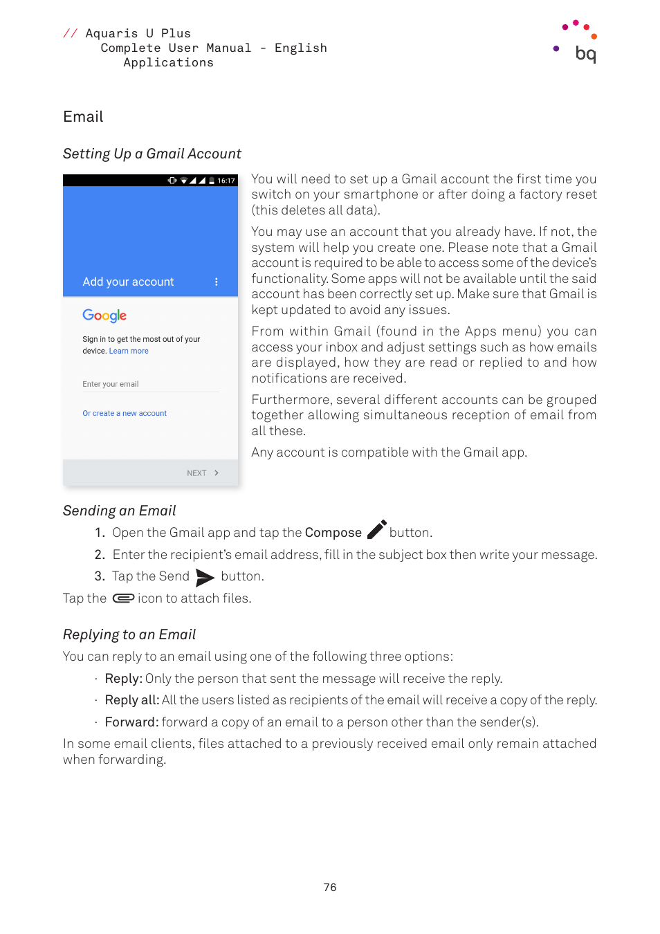 Email, Setting up a gmail account, Sending an email | Replying to an email, 76 email, 77 calculator | BQ Aquaris U Plus User Manual | Page 76 / 87