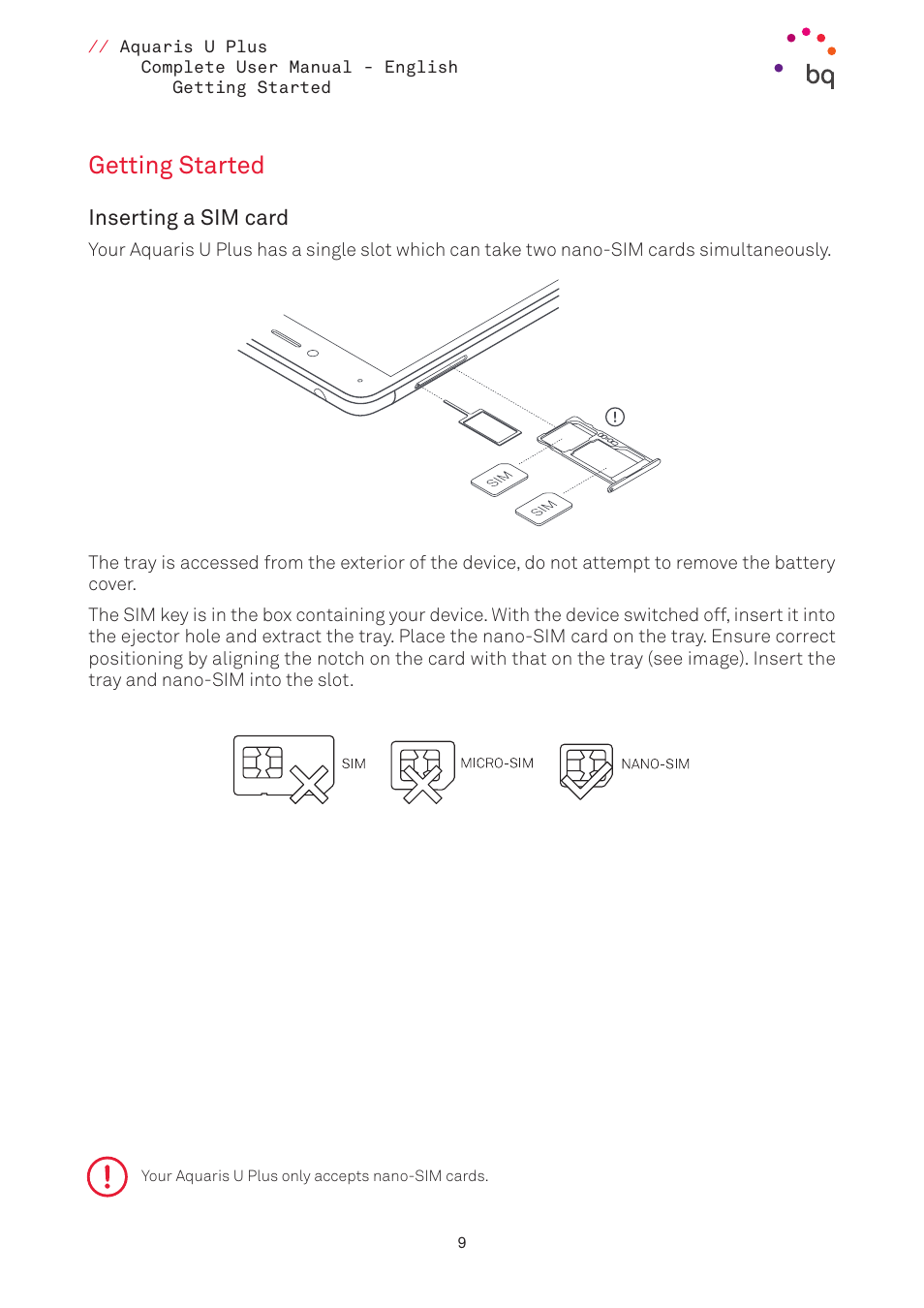 Getting started, Inserting a sim card | BQ Aquaris U Plus User Manual | Page 9 / 87