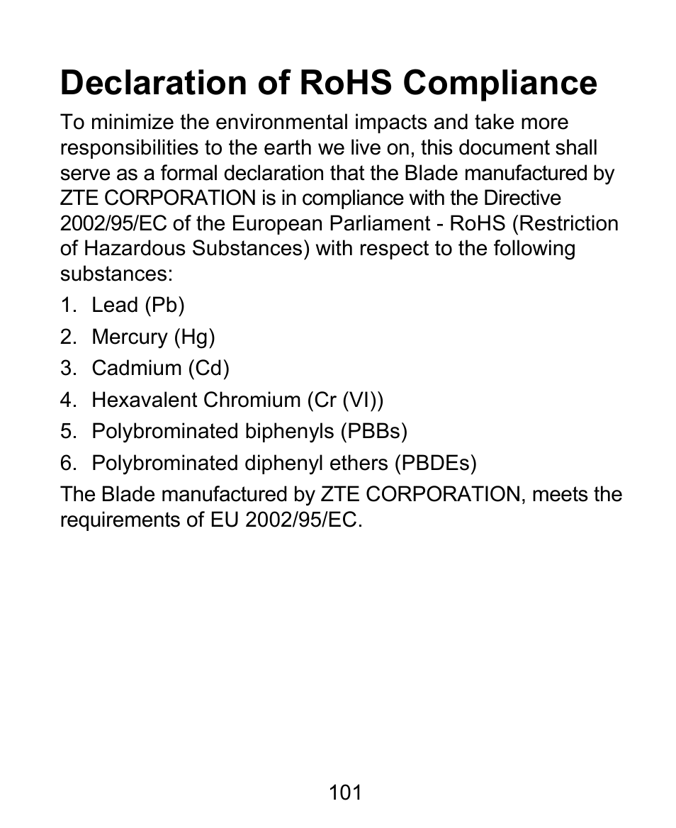Declaration of rohs compliance | ZTE BLADE User Manual | Page 101 / 102