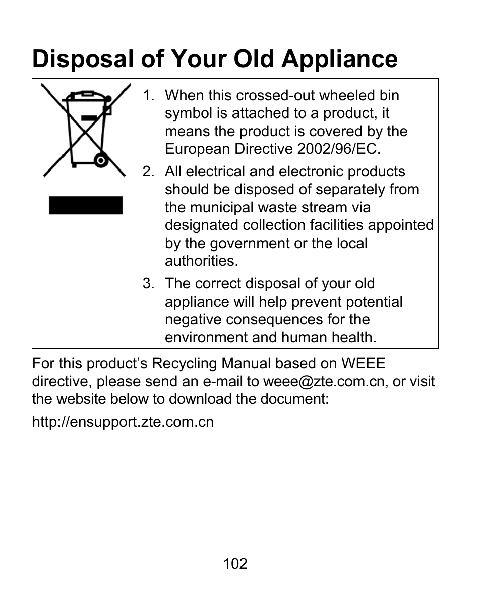 Disposal of your old appliance | ZTE BLADE User Manual | Page 102 / 102