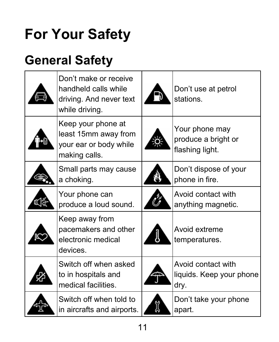 For your safety, General safety | ZTE BLADE User Manual | Page 11 / 102