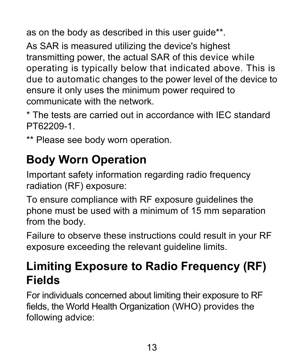 Body worn operation, Limiting exposure to radio frequency (rf) fields | ZTE BLADE User Manual | Page 13 / 102