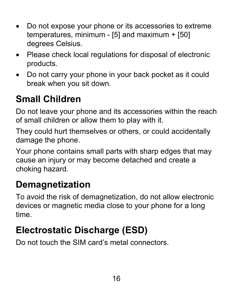 Small children, Demagnetization, Electrostatic discharge (esd) | ZTE BLADE User Manual | Page 16 / 102