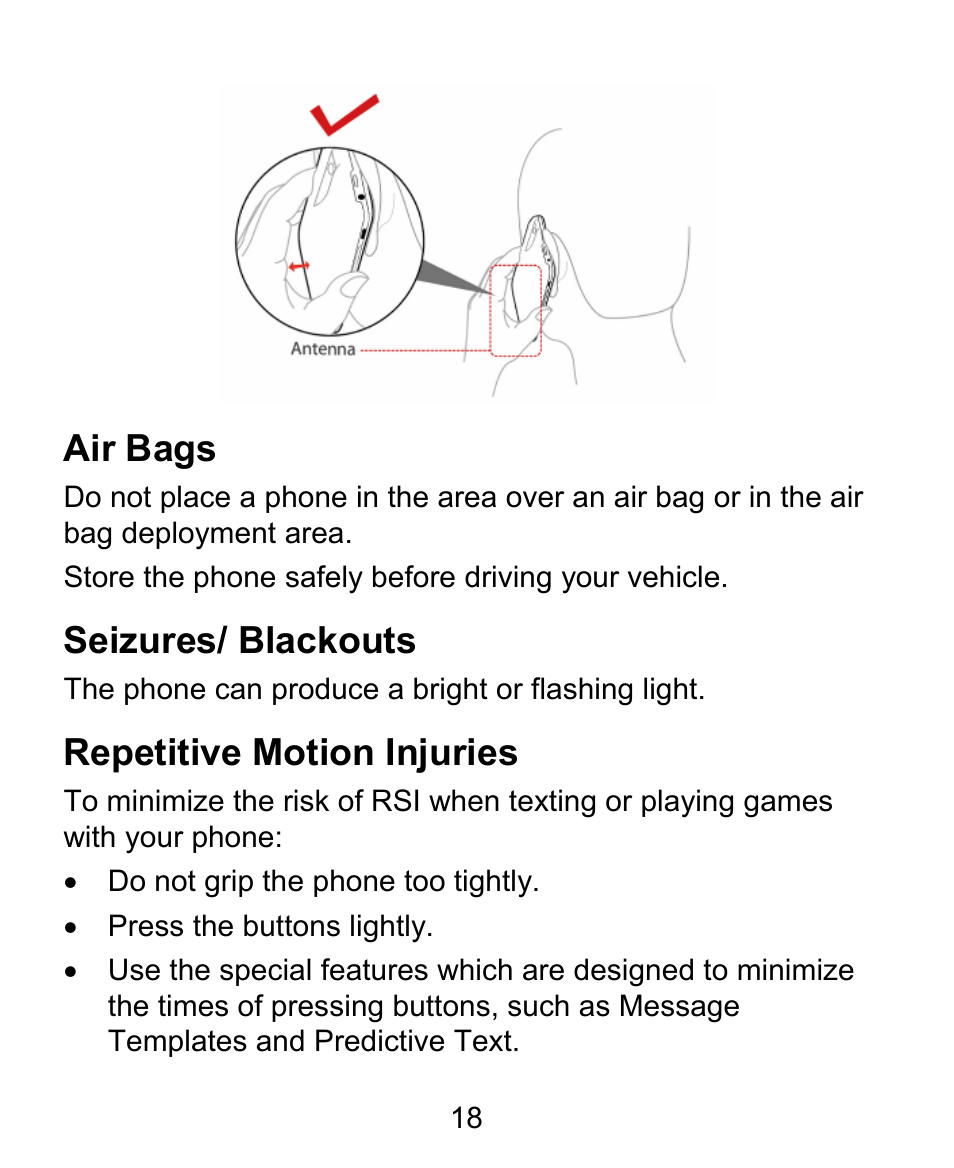 Air bags, Seizures/ blackouts, Repetitive motion injuries | ZTE BLADE User Manual | Page 18 / 102