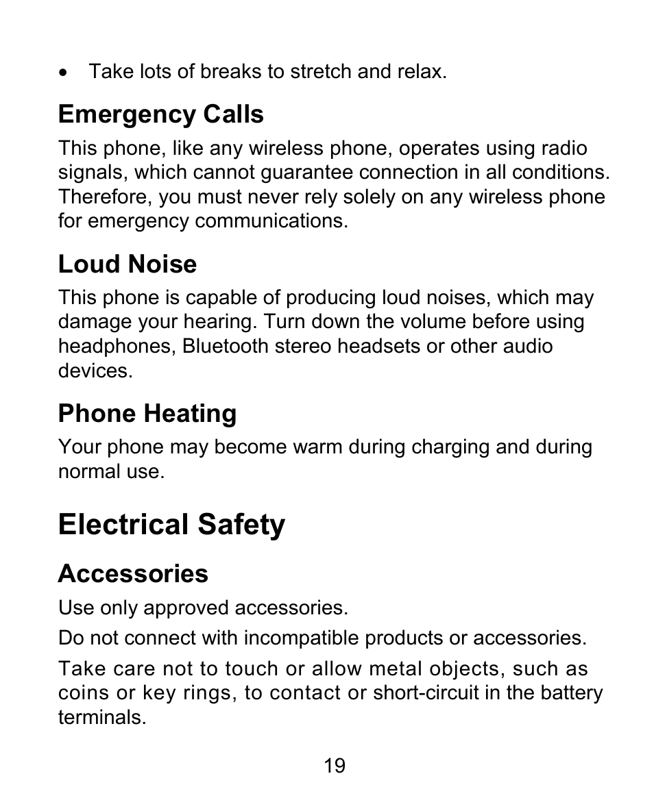 Electrical safety, Emergency calls, Loud noise | Phone heating, Accessories | ZTE BLADE User Manual | Page 19 / 102