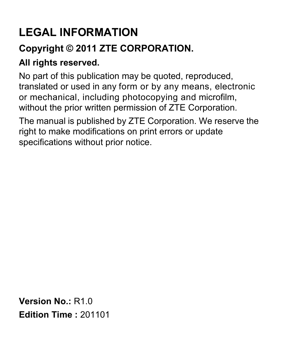 Legal information | ZTE BLADE User Manual | Page 2 / 102