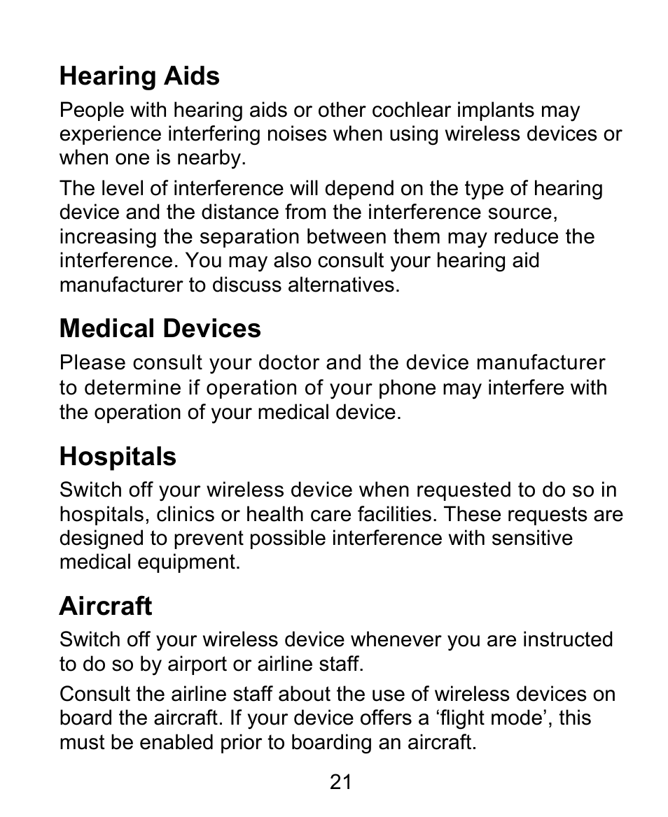Hearing aids, Medical devices, Hospitals | Aircraft | ZTE BLADE User Manual | Page 21 / 102