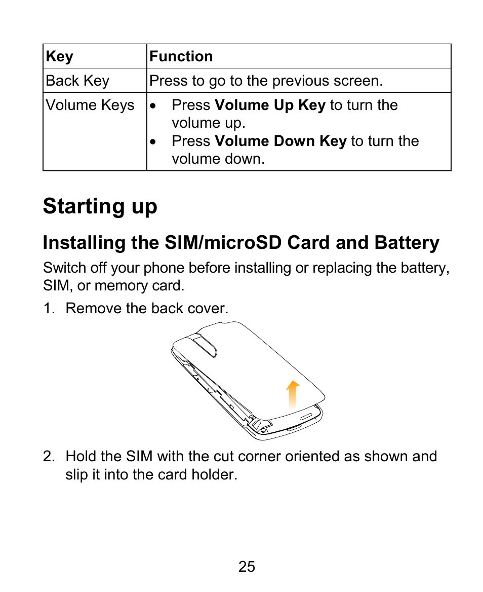 Starting up, Installing the sim/microsd card and battery | ZTE BLADE User Manual | Page 25 / 102