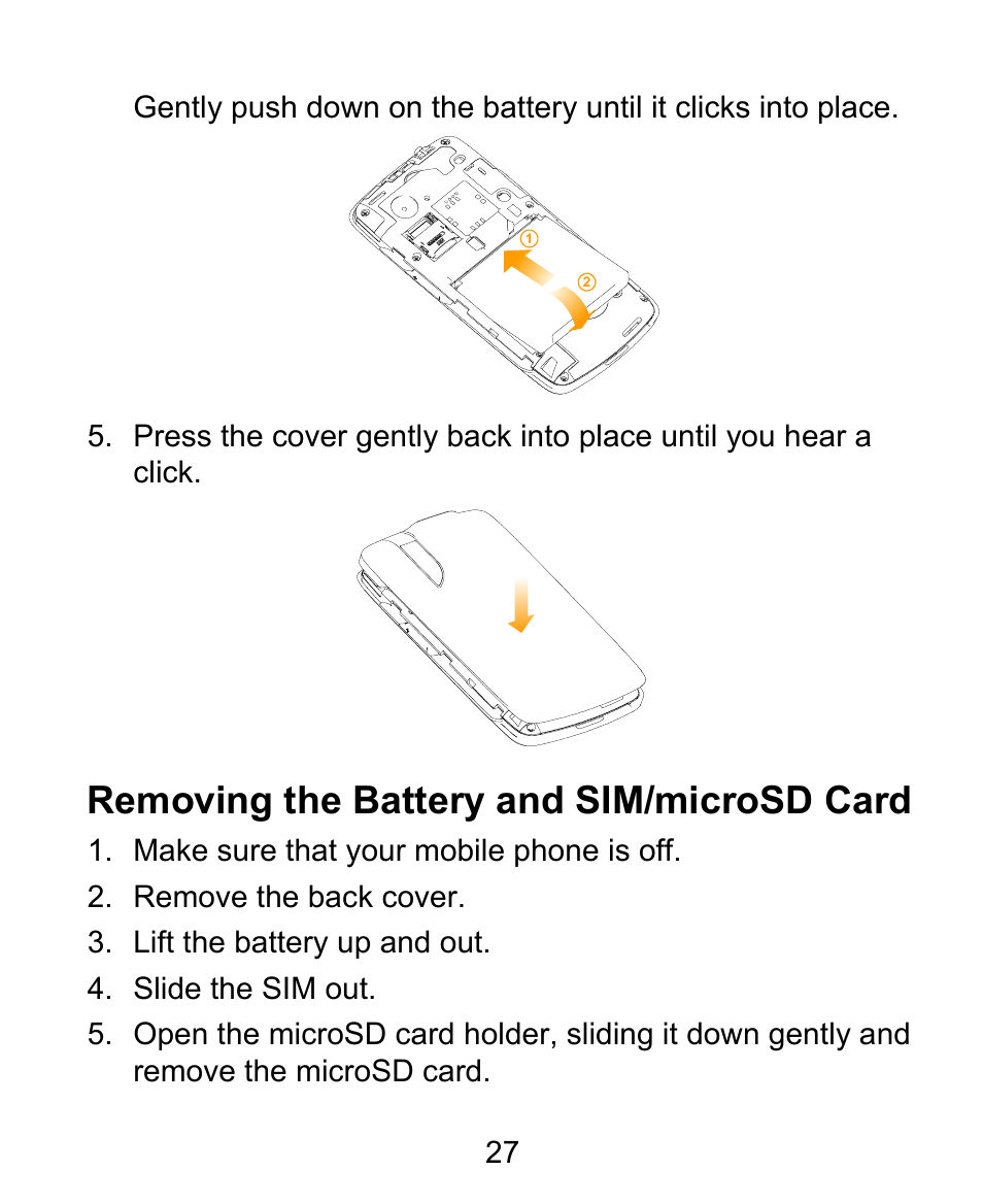 Removing the battery and sim/microsd card | ZTE BLADE User Manual | Page 27 / 102