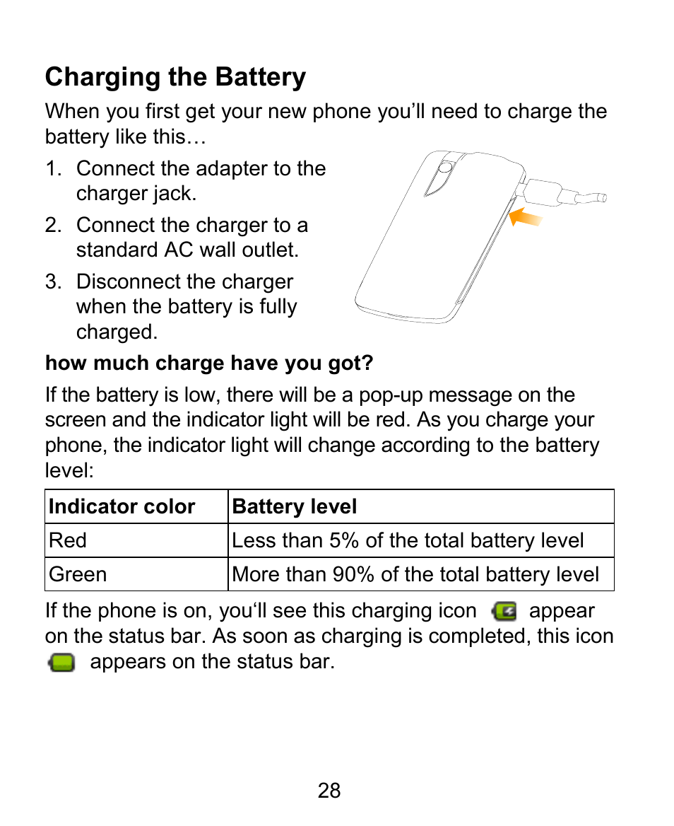 Charging the battery | ZTE BLADE User Manual | Page 28 / 102