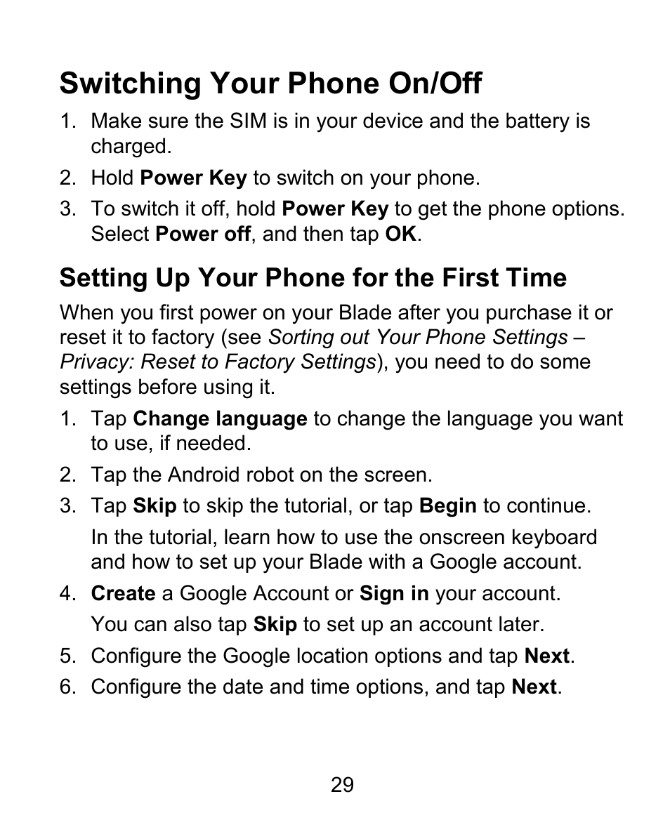 Switching your phone on/off, Setting up your phone for the first time | ZTE BLADE User Manual | Page 29 / 102