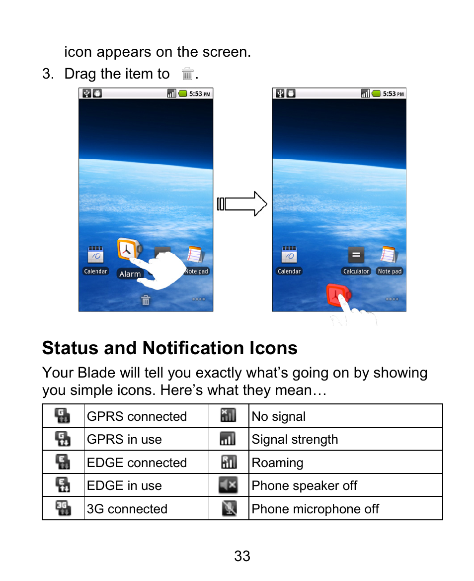 Status and notification icons | ZTE BLADE User Manual | Page 33 / 102