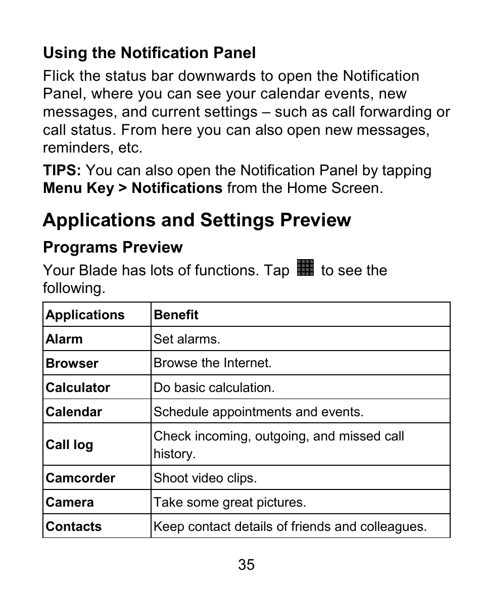 Applications and settings preview | ZTE BLADE User Manual | Page 35 / 102