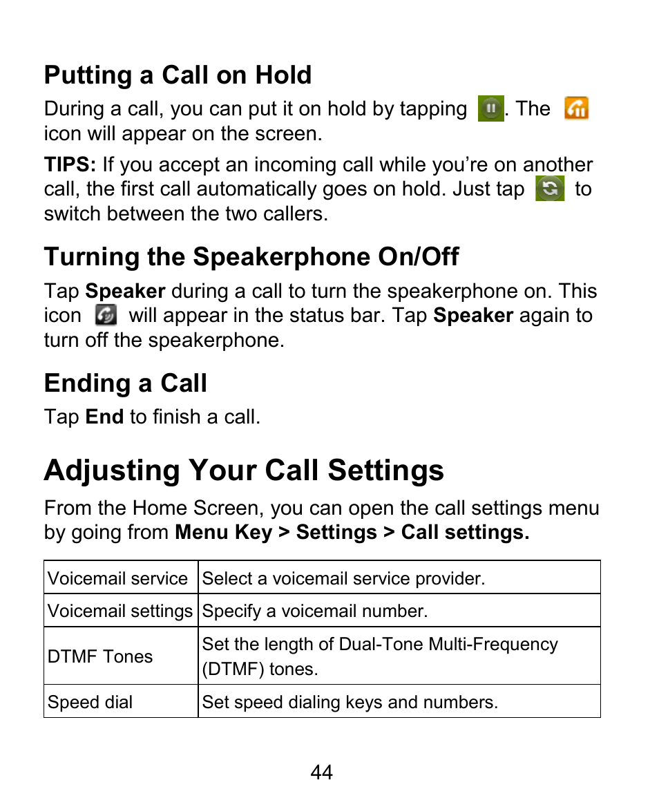 Adjusting your call settings, Putting a call on hold, Turning the speakerphone on/off | Ending a call | ZTE BLADE User Manual | Page 44 / 102