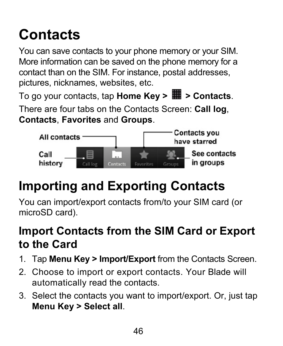 Contacts, Importing and exporting contacts | ZTE BLADE User Manual | Page 46 / 102