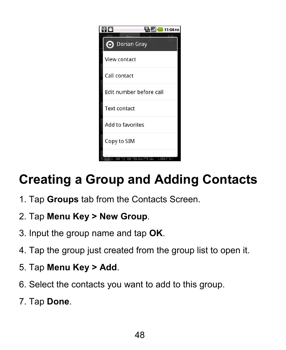 Creating a group and adding contacts | ZTE BLADE User Manual | Page 48 / 102