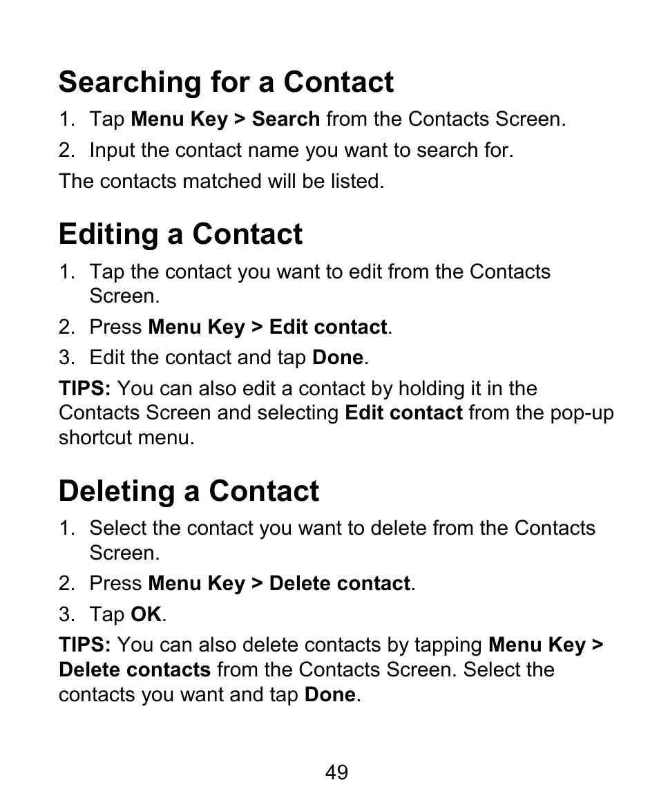 Searching for a contact, Editing a contact, Deleting a contact | ZTE BLADE User Manual | Page 49 / 102