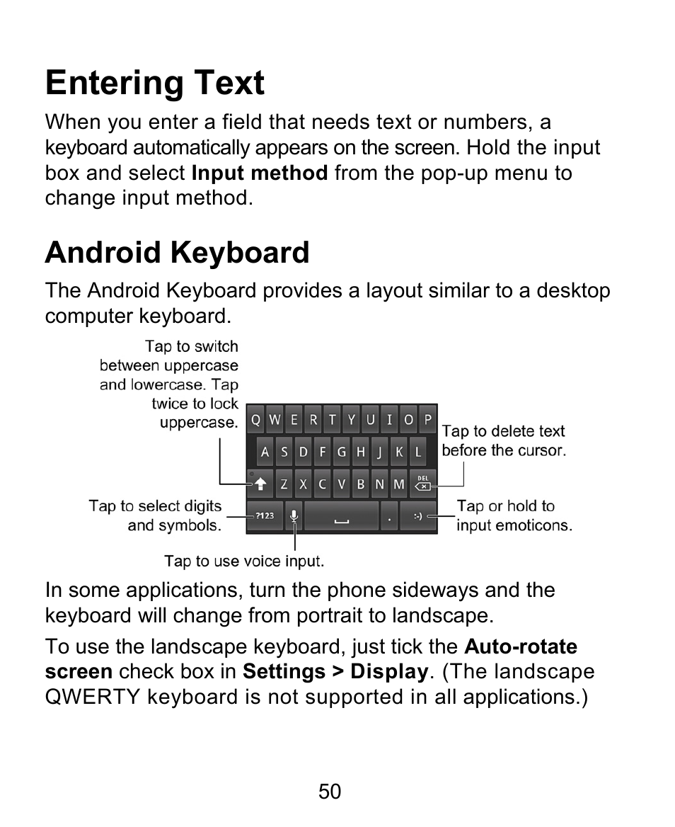 Entering text, Android keyboard | ZTE BLADE User Manual | Page 50 / 102