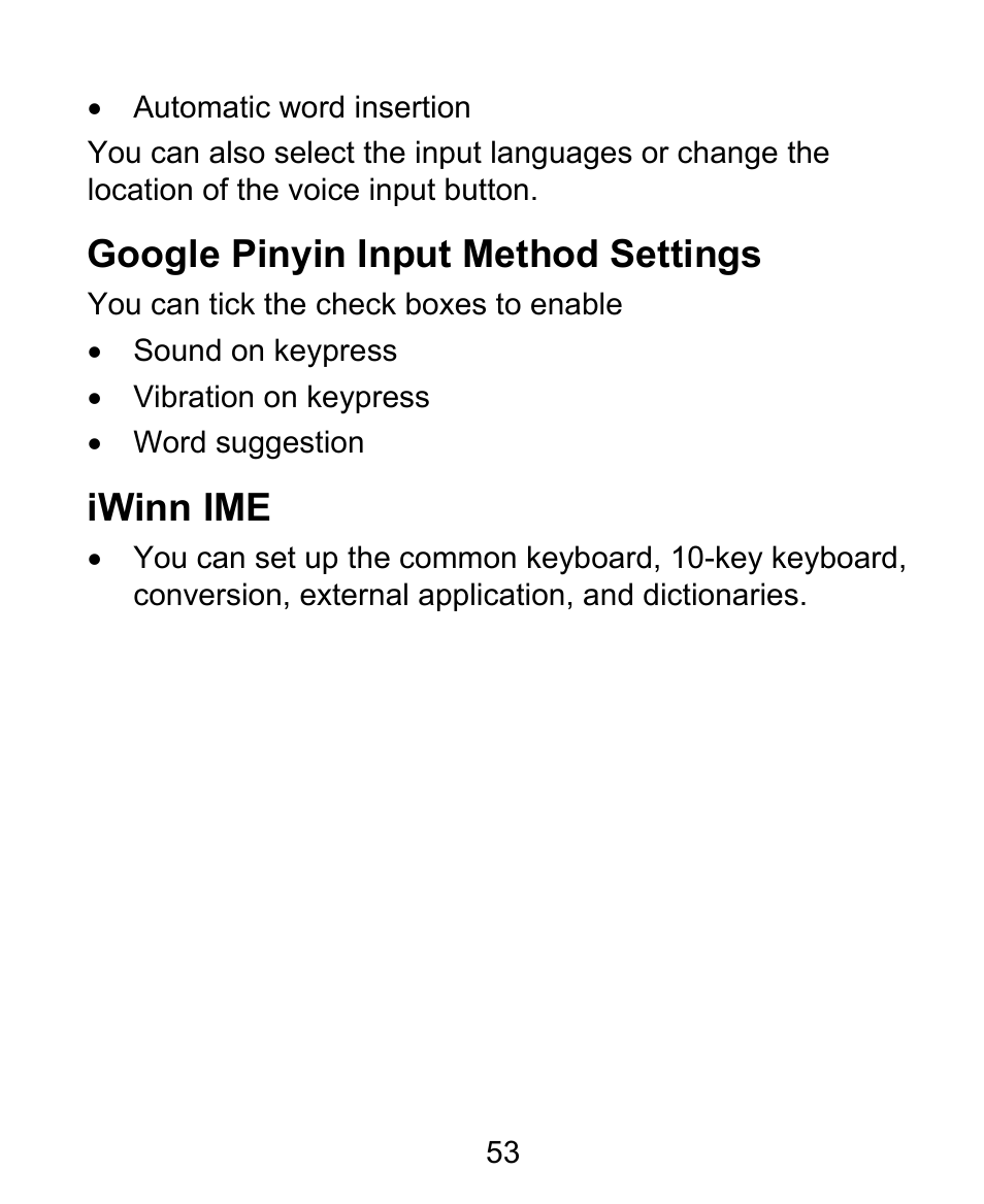 Google pinyin input method settings, Iwinn ime | ZTE BLADE User Manual | Page 53 / 102
