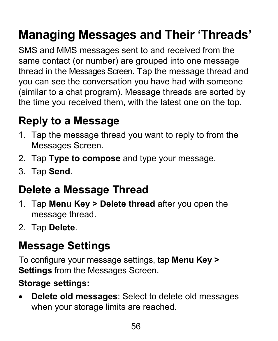 Managing messages and their ‘threads, Reply to a message, Delete a message thread | Message settings | ZTE BLADE User Manual | Page 56 / 102