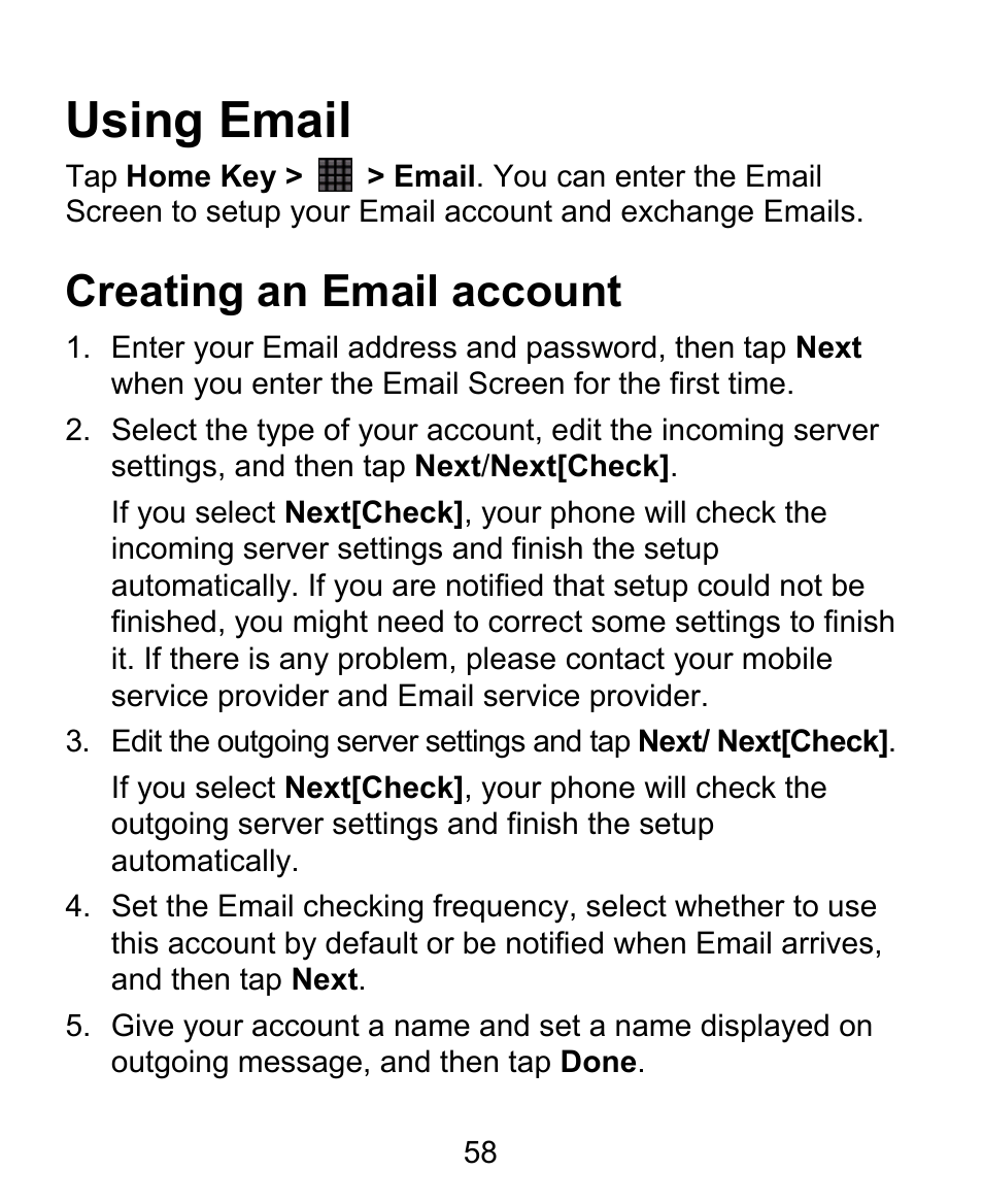 Using email, Creating an email account | ZTE BLADE User Manual | Page 58 / 102