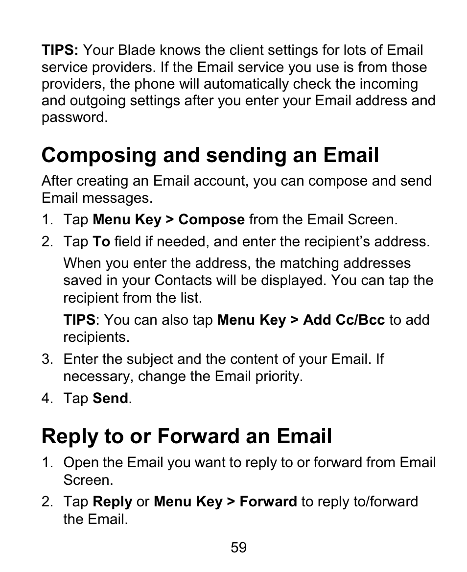 Composing and sending an email, Reply to or forward an email | ZTE BLADE User Manual | Page 59 / 102