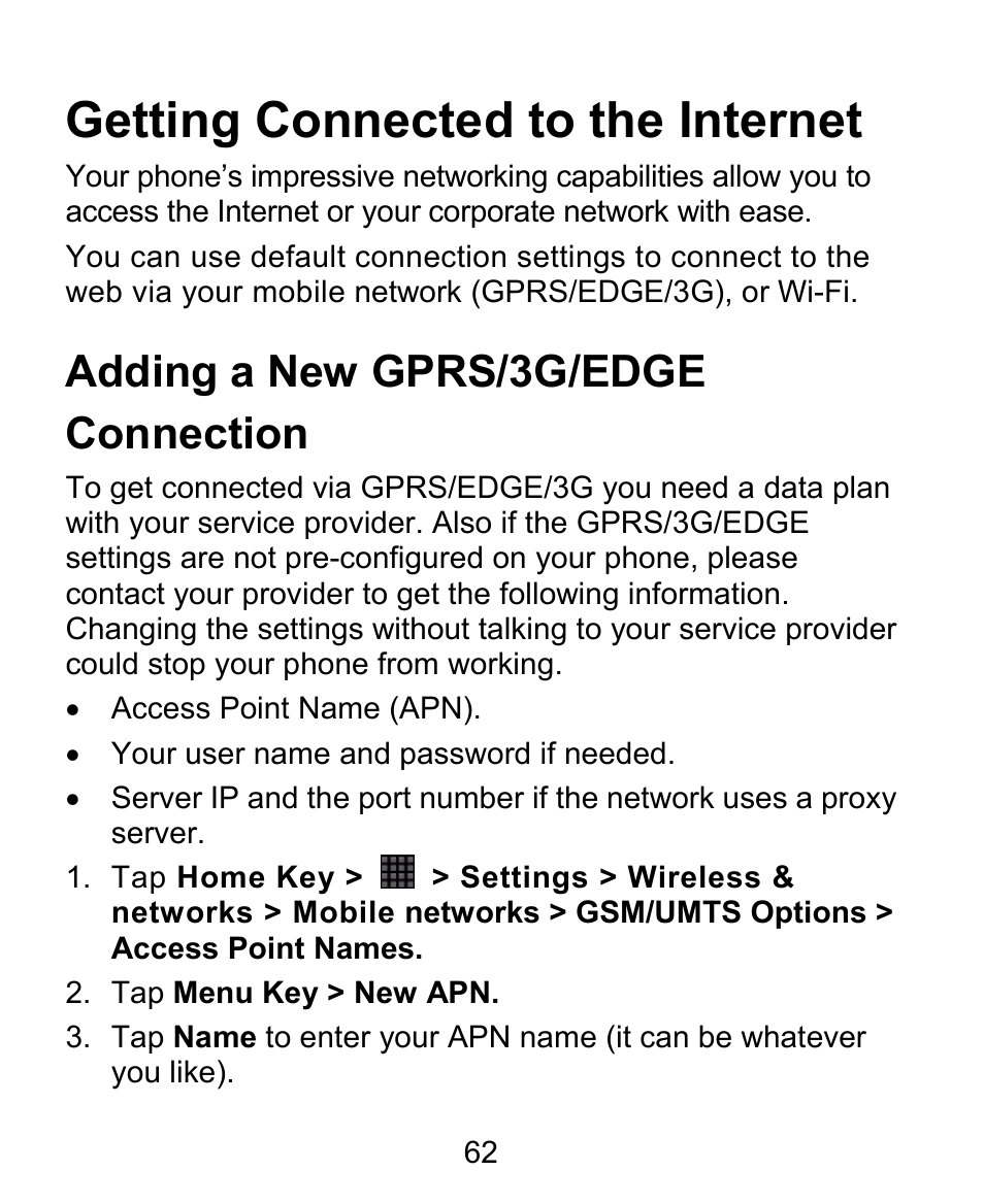 Getting connected to the internet, Adding a new gprs/3g/edge connection | ZTE BLADE User Manual | Page 62 / 102