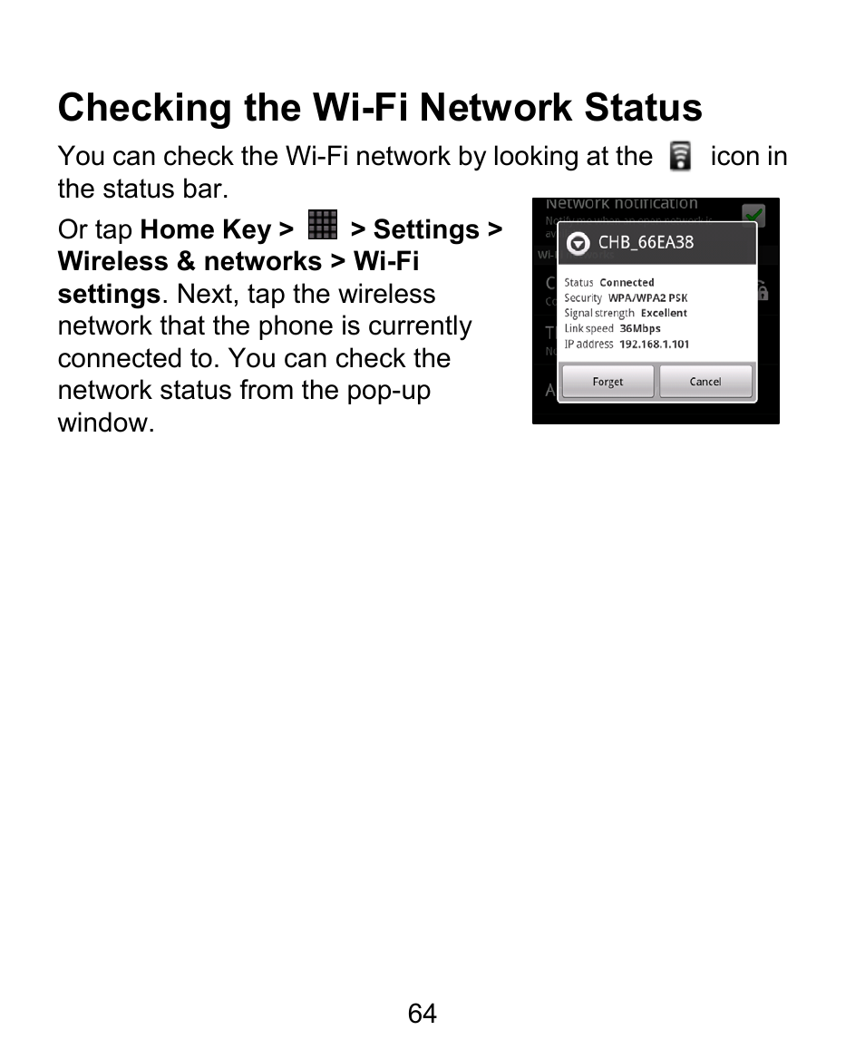 Checking the wi-fi network status | ZTE BLADE User Manual | Page 64 / 102
