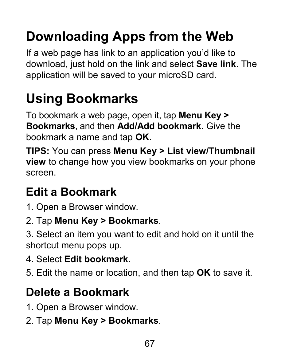 Downloading apps from the web, Using bookmarks | ZTE BLADE User Manual | Page 67 / 102