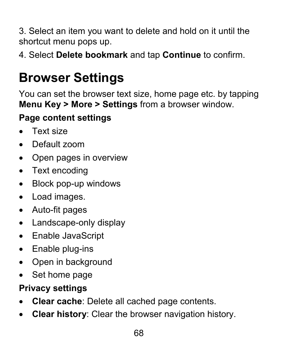 Browser settings | ZTE BLADE User Manual | Page 68 / 102