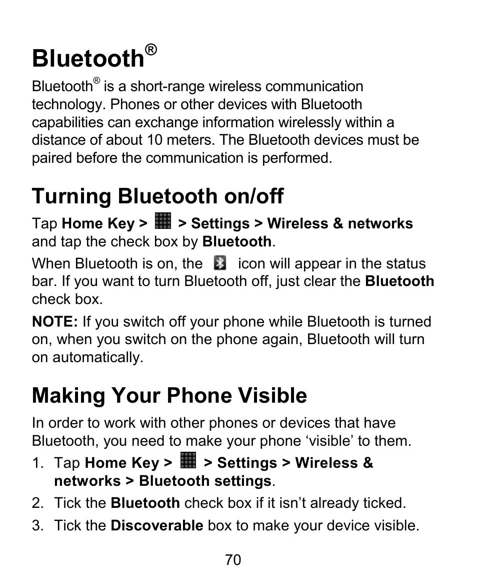 Bluetooth, Turning bluetooth on/off, Making your phone visible | ZTE BLADE User Manual | Page 70 / 102