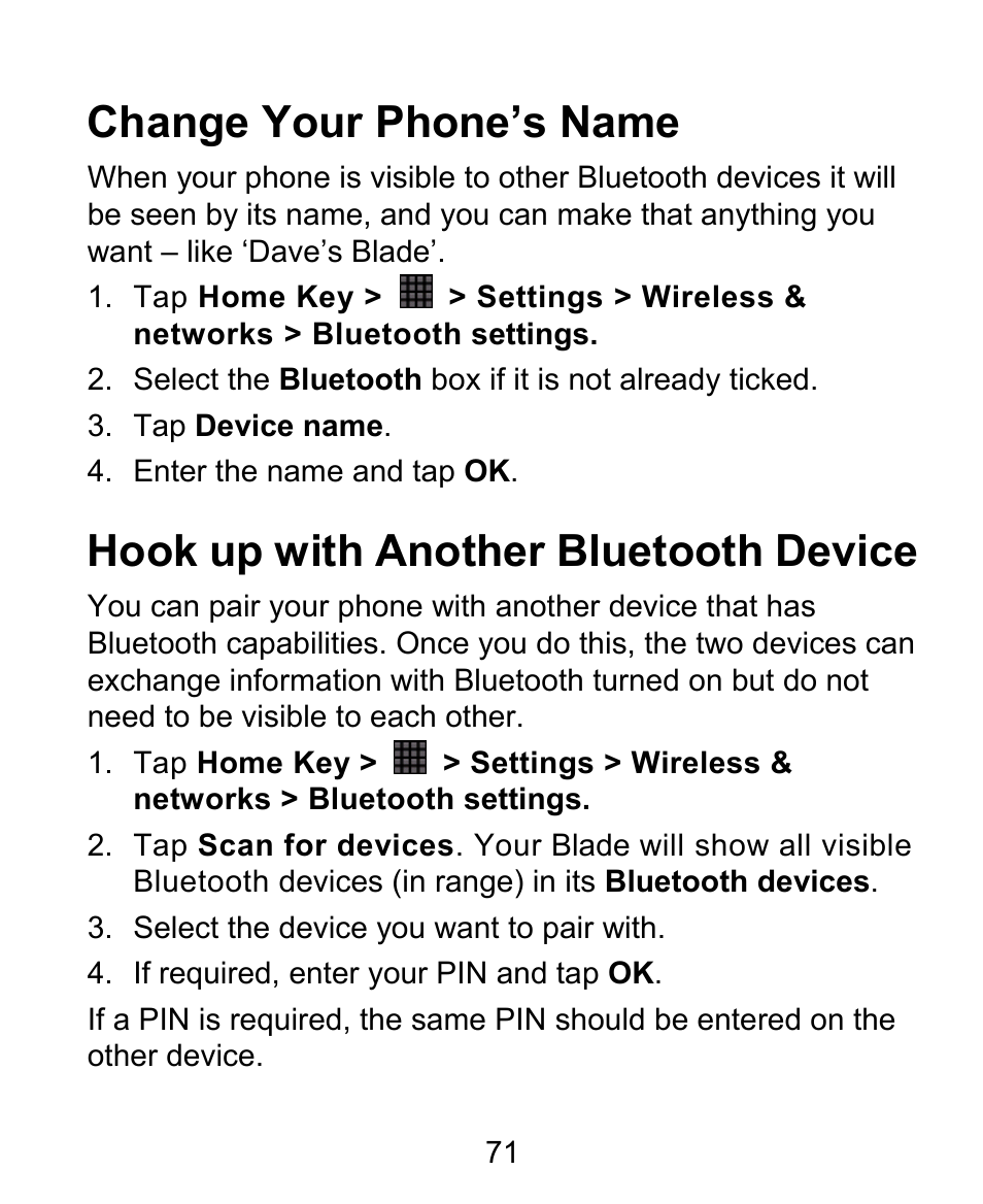 Change your phone’s name, Hook up with another bluetooth device | ZTE BLADE User Manual | Page 71 / 102