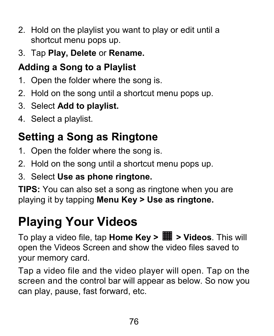 Playing your videos, Setting a song as ringtone | ZTE BLADE User Manual | Page 76 / 102