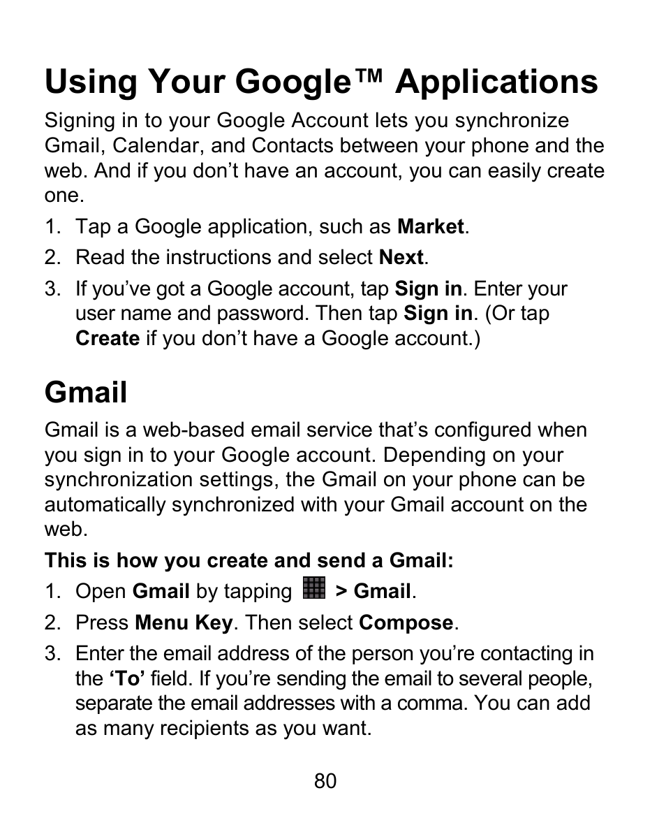 Using your google™ applications, Gmail | ZTE BLADE User Manual | Page 80 / 102