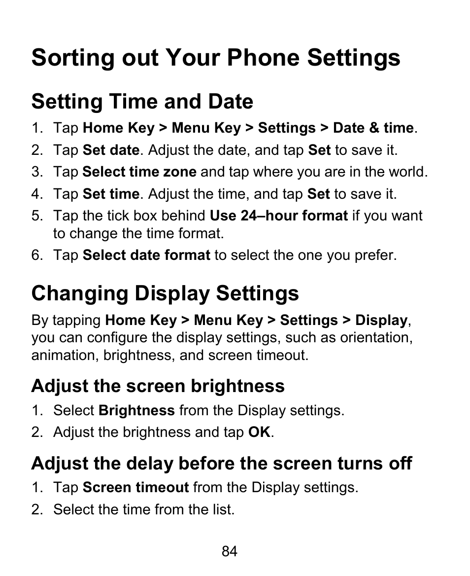 Sorting out your phone settings, Setting time and date, Changing display settings | ZTE BLADE User Manual | Page 84 / 102