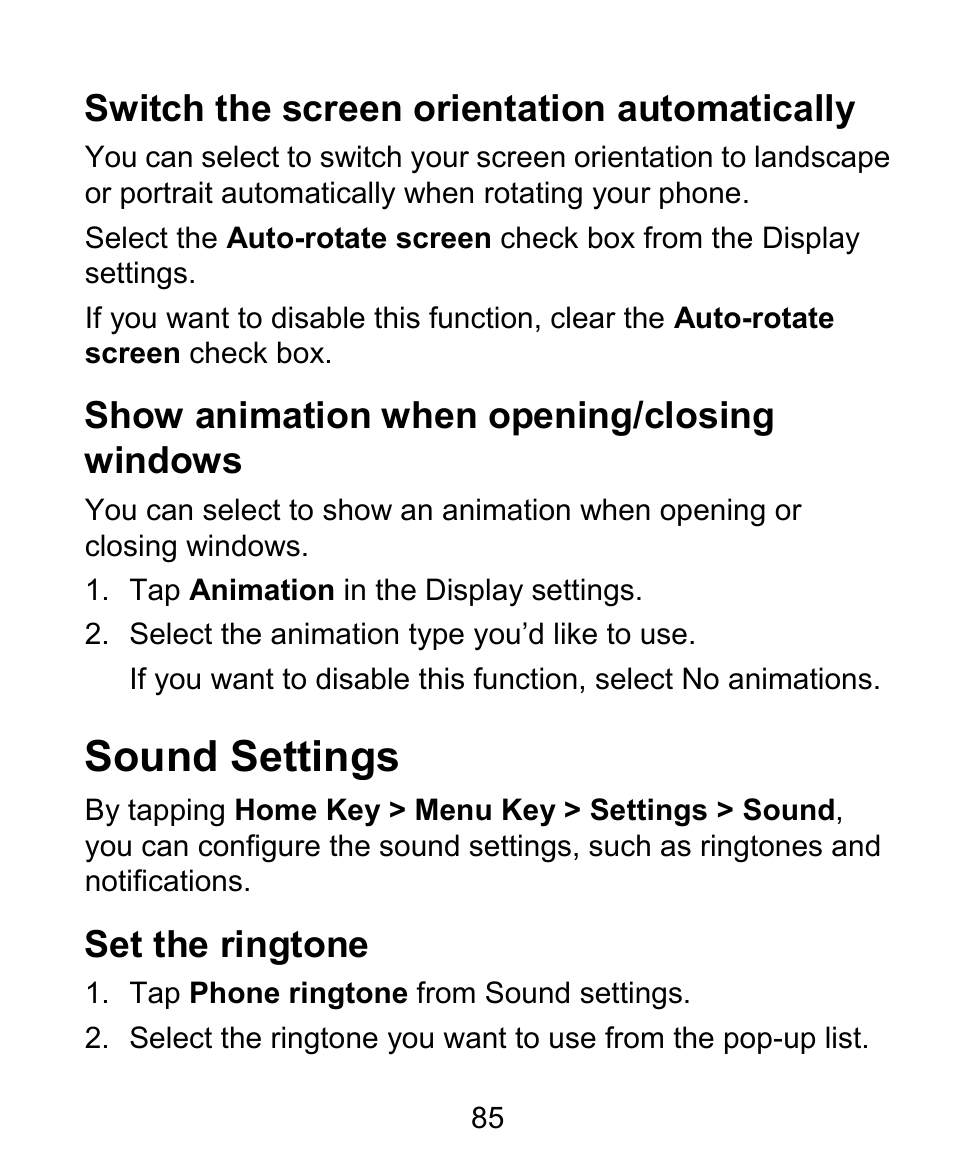 Sound settings, Switch the screen orientation automatically, Show animation when opening/closing windows | Set the ringtone | ZTE BLADE User Manual | Page 85 / 102