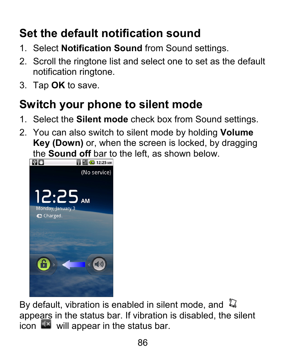 Set the default notification sound, Switch your phone to silent mode | ZTE BLADE User Manual | Page 86 / 102