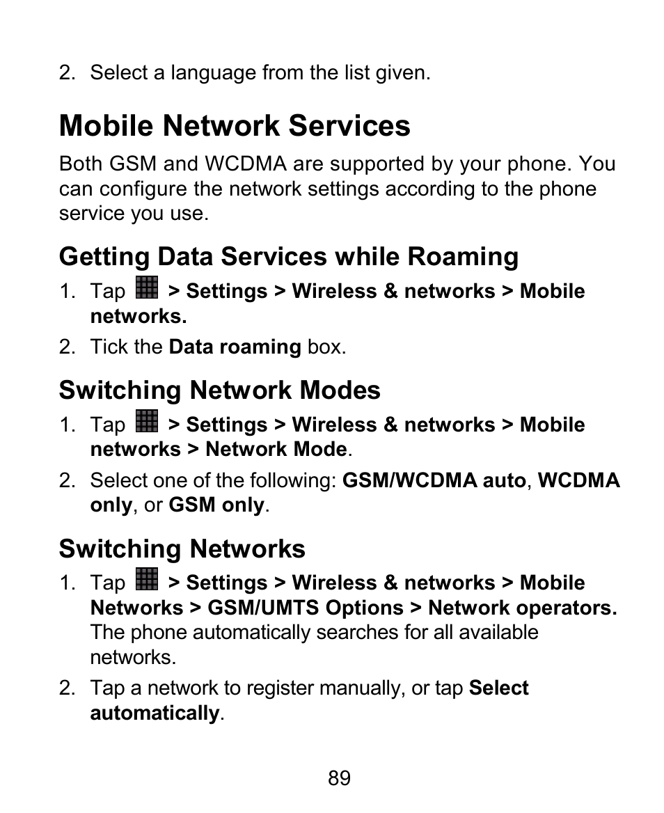 Mobile network services, Getting data services while roaming, Switching network modes | Switching networks | ZTE BLADE User Manual | Page 89 / 102