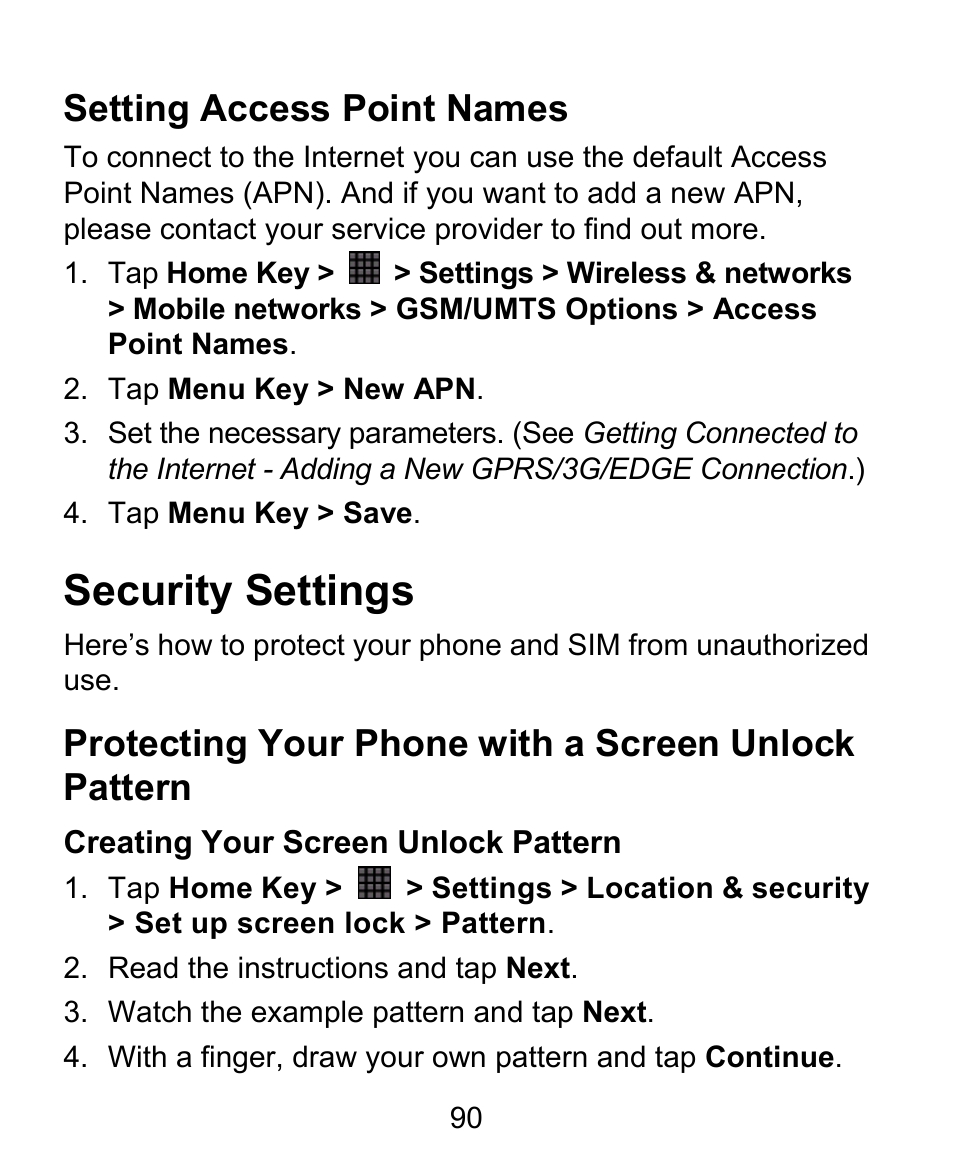 Security settings, Setting access point names, Protecting your phone with a screen unlock pattern | ZTE BLADE User Manual | Page 90 / 102