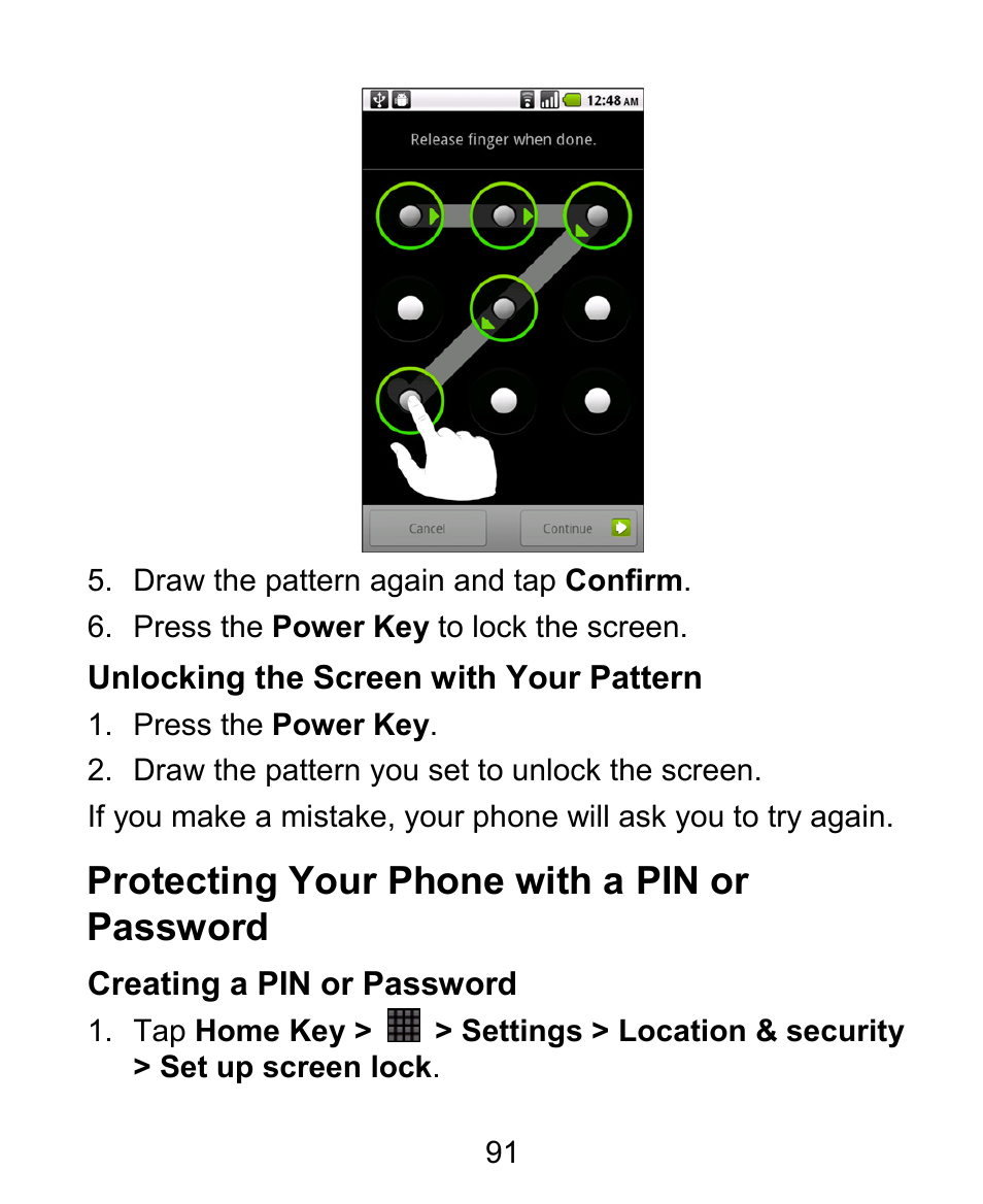 Protecting your phone with a pin or password | ZTE BLADE User Manual | Page 91 / 102