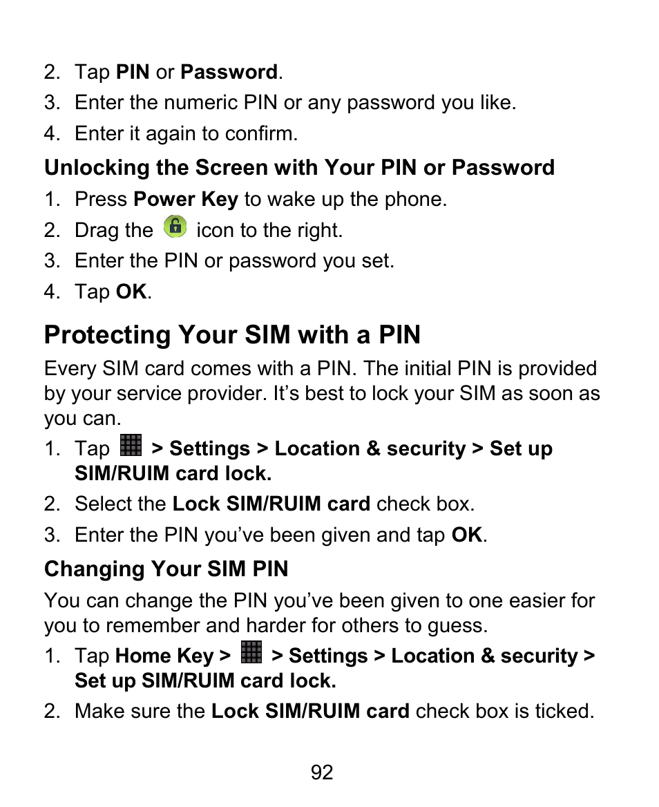 Protecting your sim with a pin | ZTE BLADE User Manual | Page 92 / 102