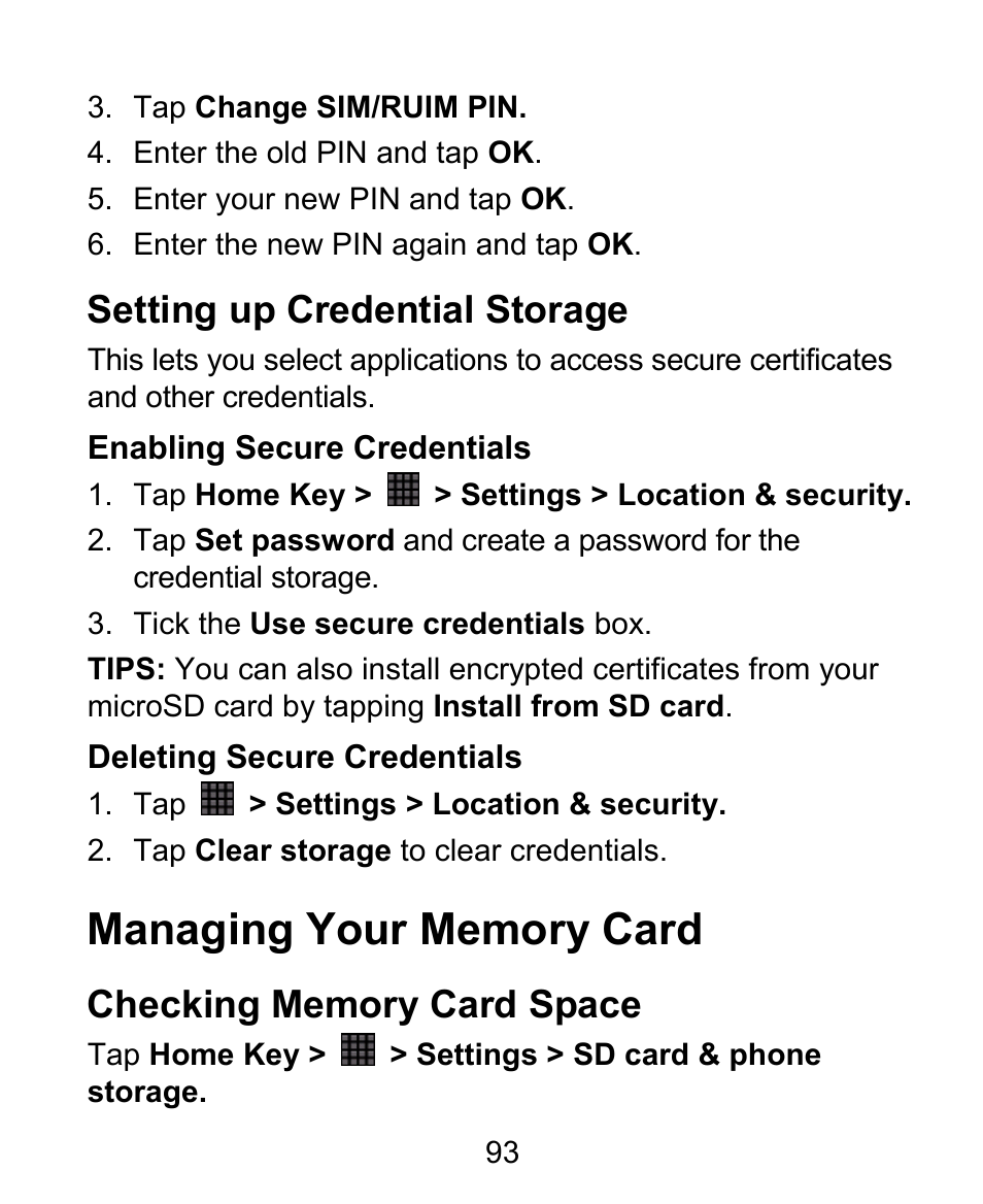 Setting up credential storage | ZTE BLADE User Manual | Page 93 / 102
