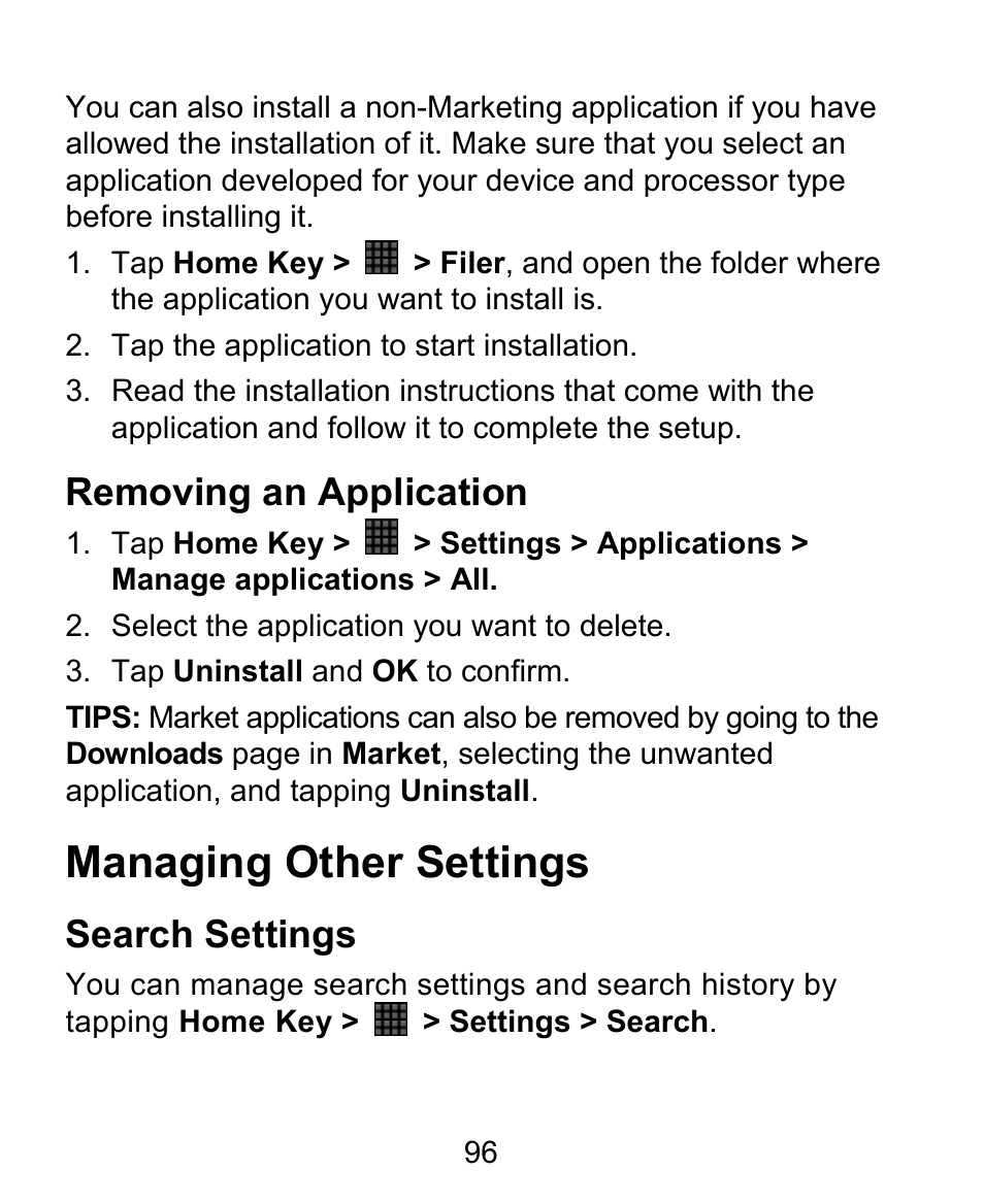 Managing other settings, Removing an application, Search settings | ZTE BLADE User Manual | Page 96 / 102