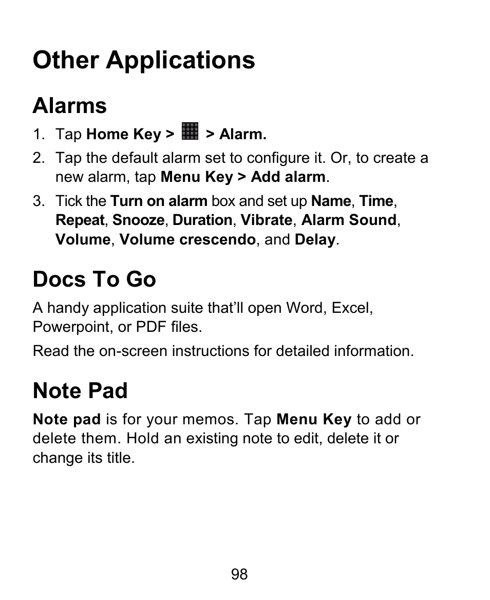 Other applications, Alarms, Docs to go | ZTE BLADE User Manual | Page 98 / 102