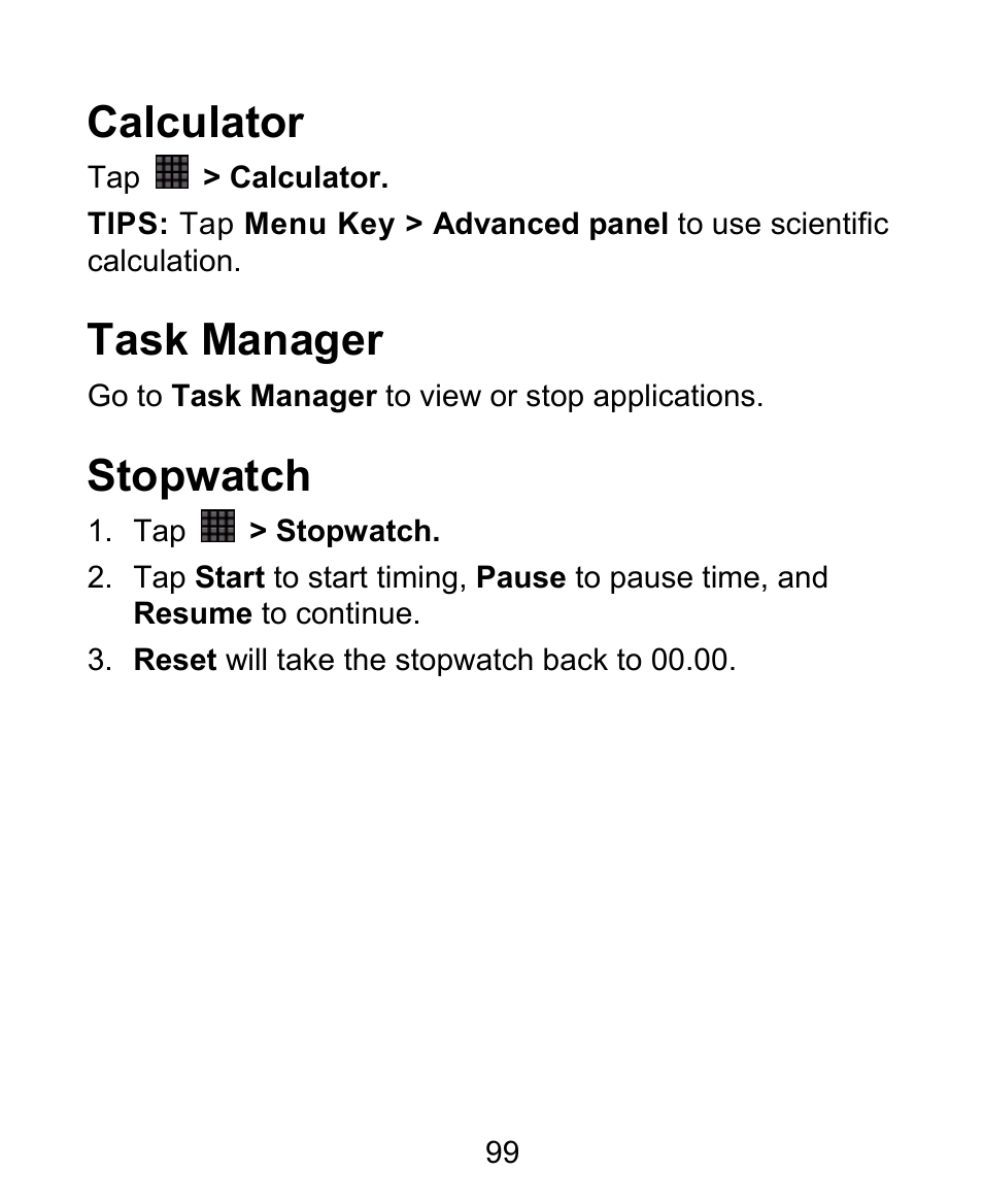 Calculator, Task manager, Stopwatch | ZTE BLADE User Manual | Page 99 / 102