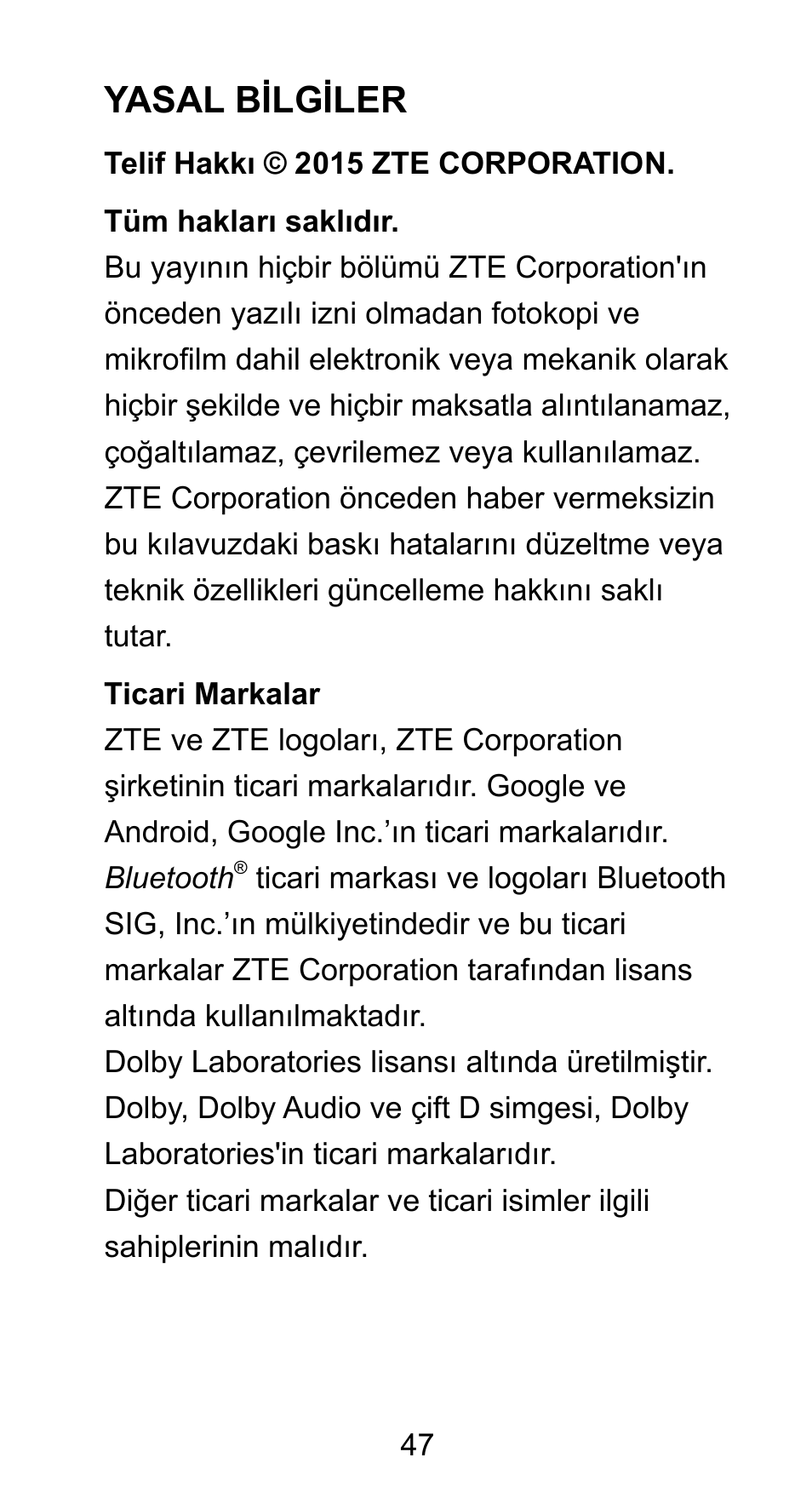 Yasal bilgiler | ZTE Axon Elite User Manual | Page 49 / 68