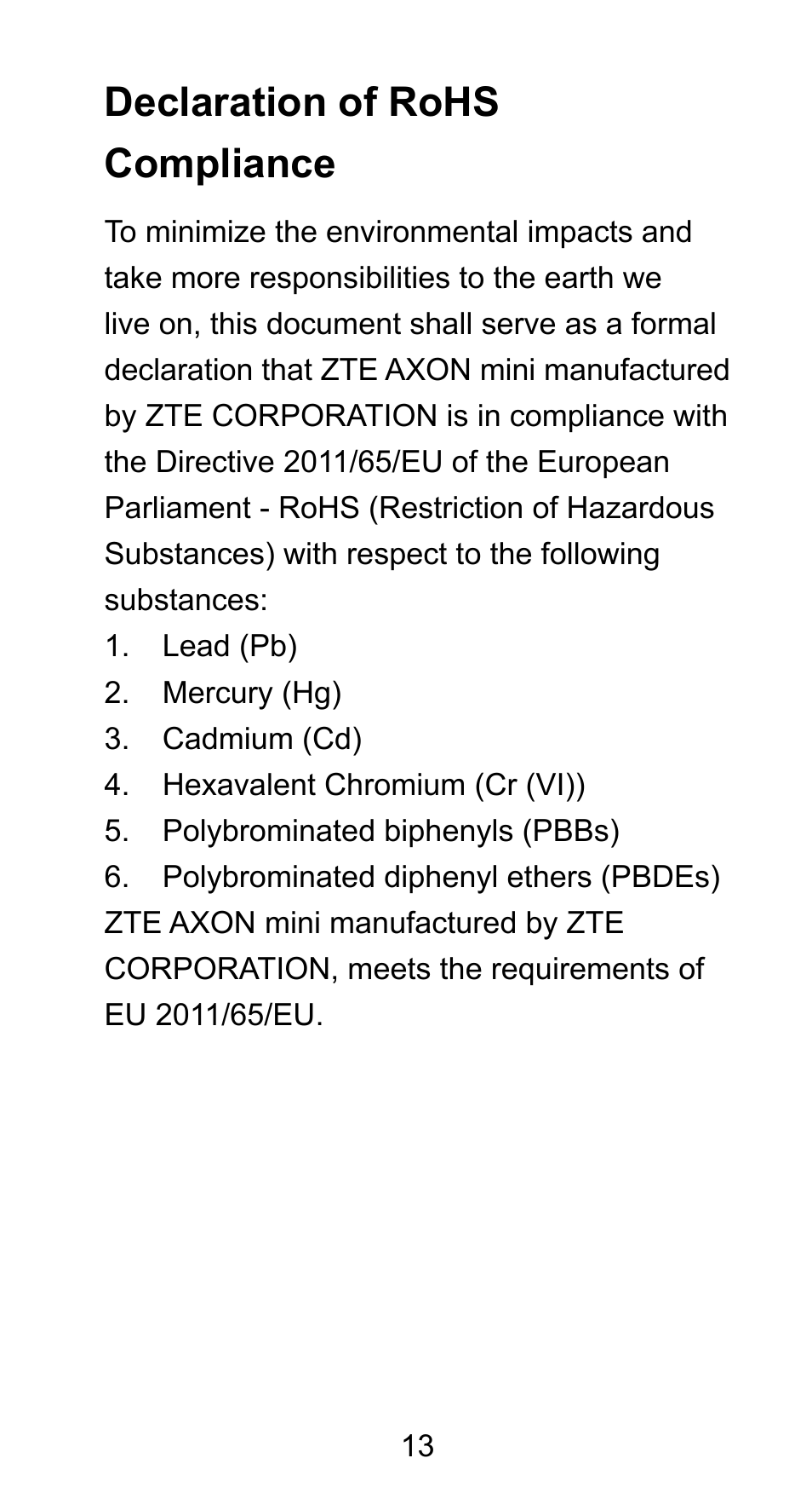 Declaration of rohs compliance | ZTE Axon mini User Manual | Page 15 / 96