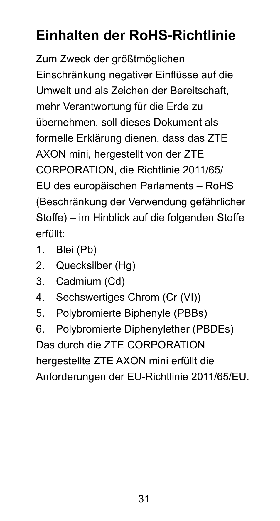 Einhalten der rohs-richtlinie | ZTE Axon mini User Manual | Page 33 / 96
