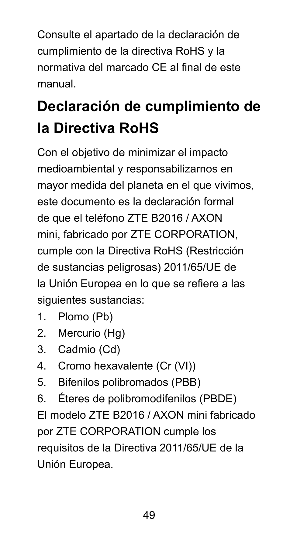 Declaración de cumplimiento de la directiva rohs | ZTE Axon mini User Manual | Page 51 / 96